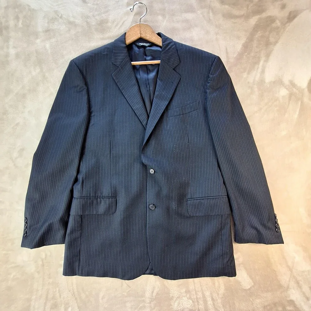 Jos A Bank Suit Mens 42R Blue Wool Stripe Single Vent 2 Button Signature 34x29
